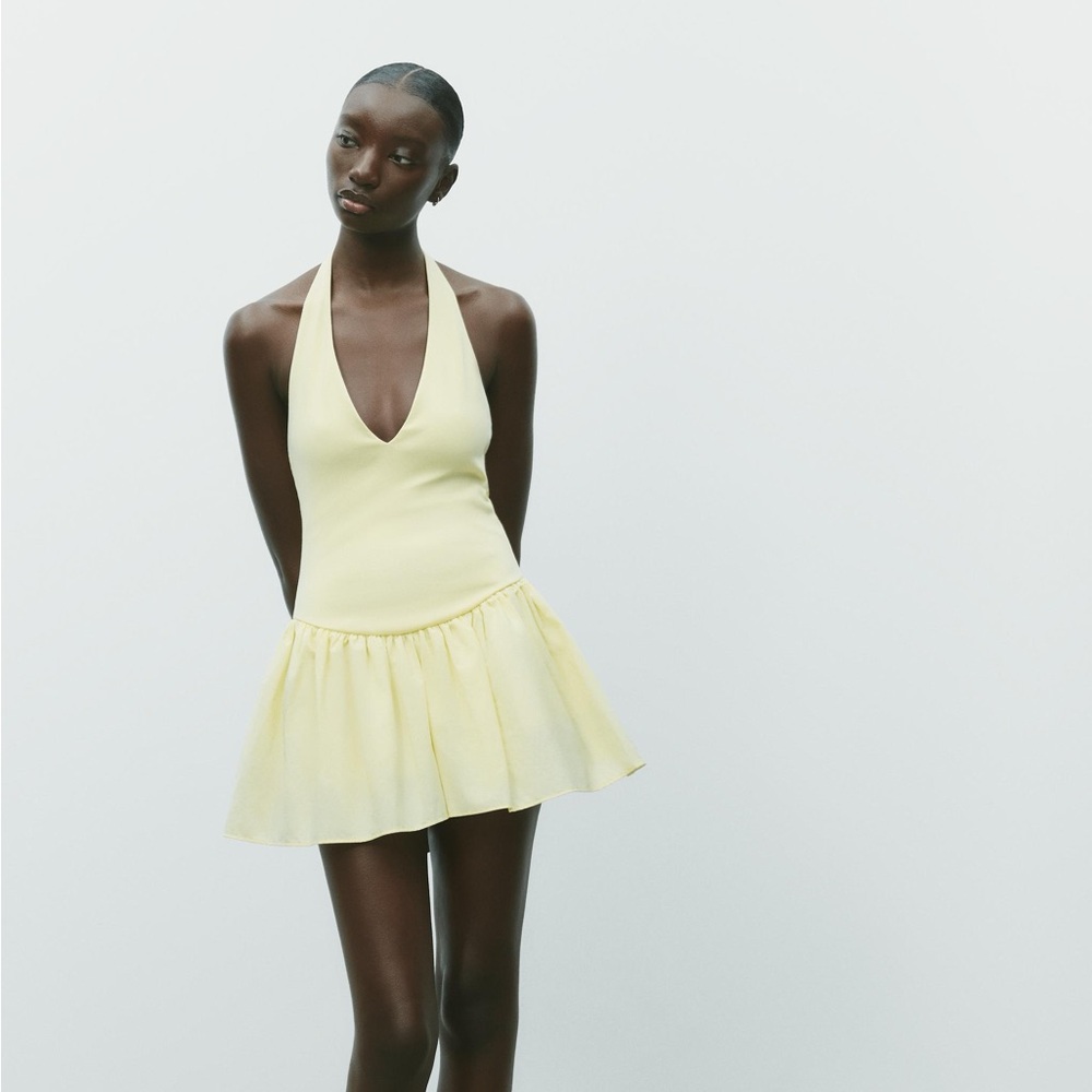 Zara Butter Yellow V-Neck Bubble Mini Dress
